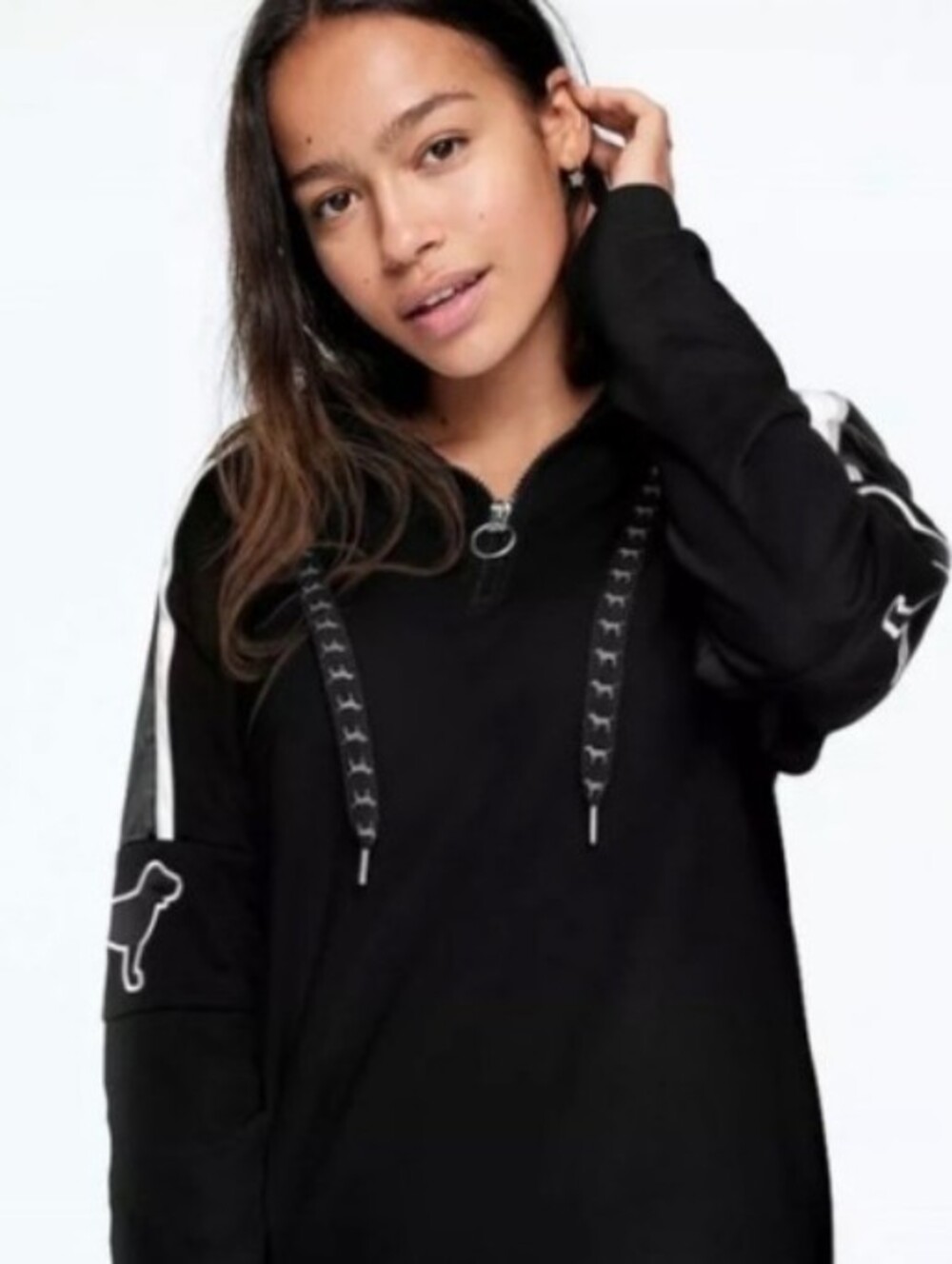 RARE Victoria's Secret PINK Sherpa Lined Campus Quarter Zip Hoodie Black